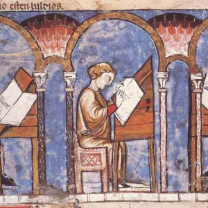 15. Copyists working, in the 'Libro de los juegos' by Alfonso X the Wise (El Escorial, MS T-I-6, 13th C).