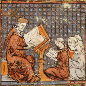 2. A medieval university lecture hall. Praise of the University of Paris, in 'Grandes chroniques de France' (Castres, Bibliothèque Municipale, MS 3, f. 277r, around 1330).