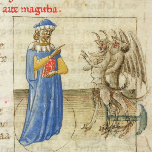 5. Zoroaster presented as the founder of the magic art, inside a circle, subjugating two demons (London, British Library, MS Yates Thompson 28, f. 51r, Florence, 1425).