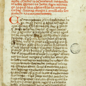 11. Foreword by Berenguer Sarriera in manuscript B of the Catalan translation of Arnald’s 'Regimen of Health' (Barcelona, BC, MS 1829, f 4r).