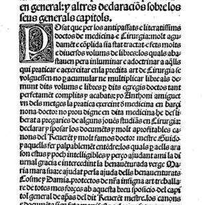 14. Antoni Amiguet, 'Lectura sobre lo tractat segon del reverent mestre Guido, lo qual tracta d'apostemes en general' (Barcelona, Joan Luschner, 1501, f. a2r).