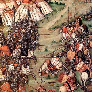9. Cavalry forces in combat. Battle of Llutxent. Altarpiece of the Corporales in Daroca. Daroca, Museo de la Colegial de Daroca (15th C).