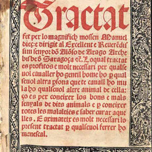20. Primera portada de la segona edició de la retrotraducció al català del 'Llibre de la menescalia' de Manuel Díez (Barcelona, Joan Giglo i Dimes Bellestar, 1523).