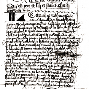 16. Manuscrit de la traducció al francès del s. XV del 'Llibre de cavalls' de Manuel Díez (París, Bibliothèque nationale de France, ms. Esp. 2002, f. 1r).