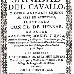 25. Portada de l'obra de Salvador Montó, 'Sanidad del cavallo' (València, Josep Esteve Dolç, 1742).