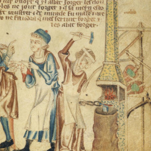 5. Dona treballant en una forja. Bíblia Holkham. Londres, British Library, ms. Add. 47682 (2n quart del s. XIV).
