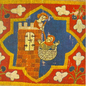15. El poeta Virgili, segons la llegenda enganyat per una dona, en un tapís del segle XIV (Freiburg im Breisgau, Museu dels Agustins)